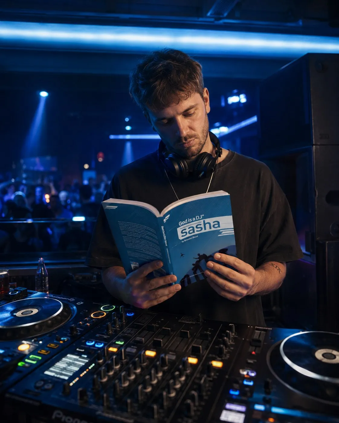 A DJ reading the book in the booth behind a mixer.